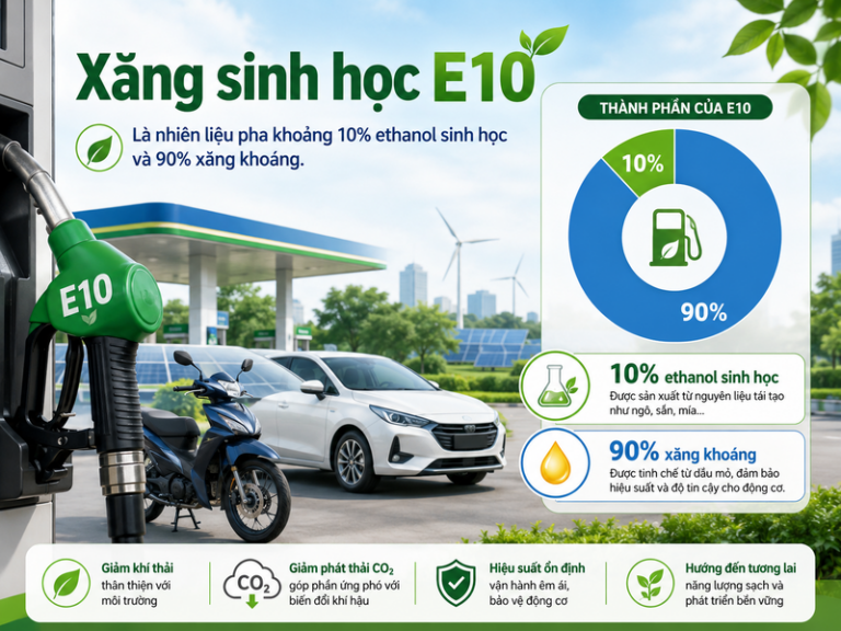 Xăng sinh học E10 là nhiên liệu pha khoảng 10% ethanol sinh học và 90% xăng khoáng. 
