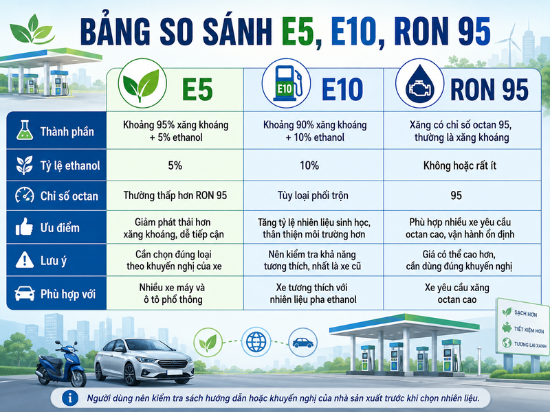 E10 có tỷ lệ ethanol cao hơn E5, trong khi RON 95 thường được quan tâm ở chỉ số octan. 