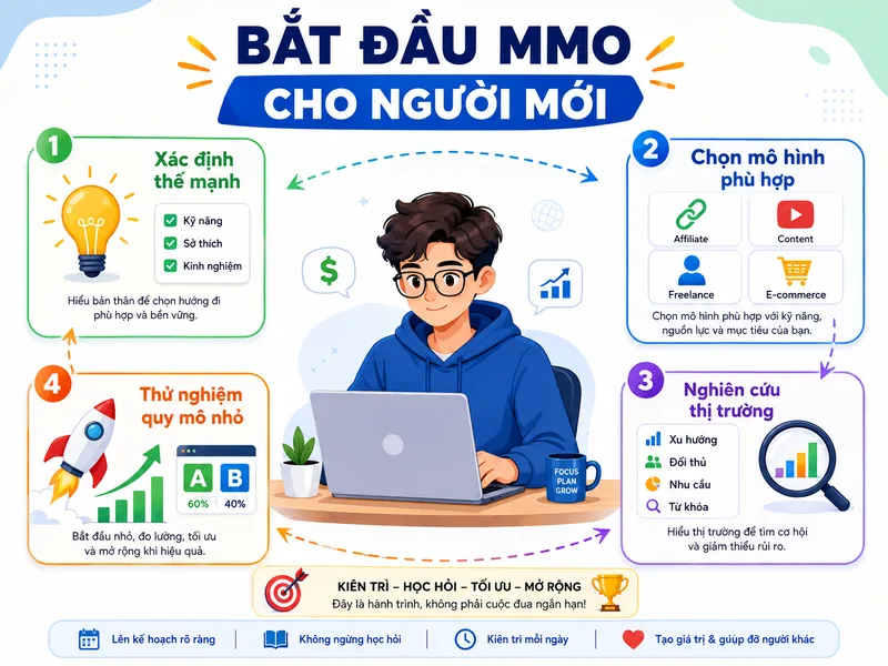 Người mới nên bắt đầu MMO bằng cách xác định thế mạnh, chọn một mô hình phù hợp, nghiên cứu thị trường và thử nghiệm ở quy mô nhỏ.